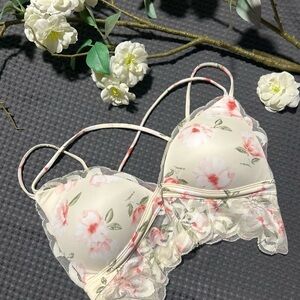 Victoria's Secret Cream and Pink Floral Lace Bralette